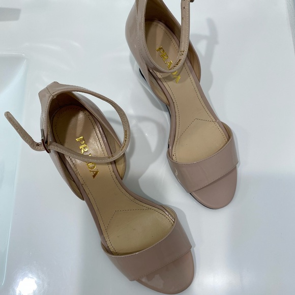 Prada Nude Wedge Patent Leather Sandal 6 AUTHENTIC BRAND NEW - Picture 3 of 6